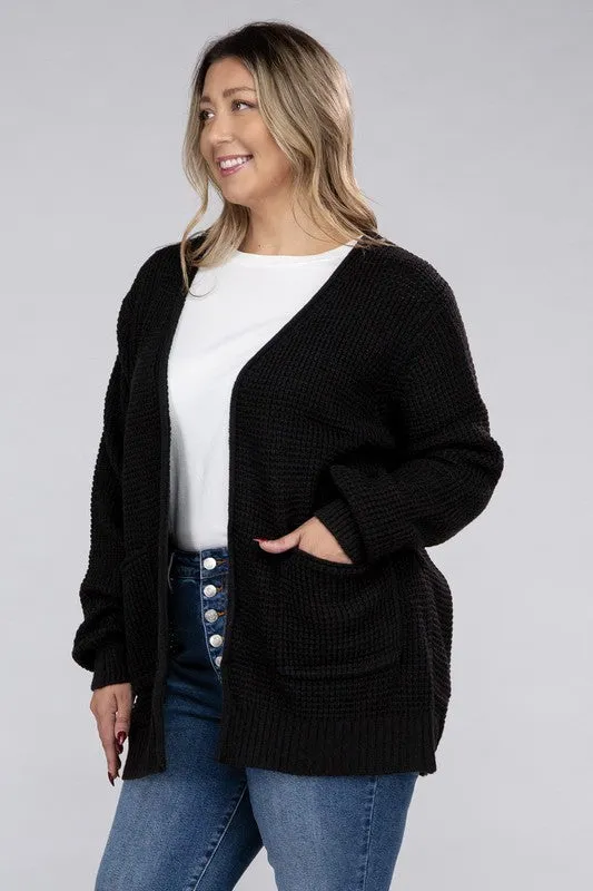 Plus Size Low Gauge Waffle Open Cardigan Sweater