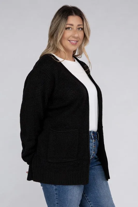 Plus Size Low Gauge Waffle Open Cardigan Sweater