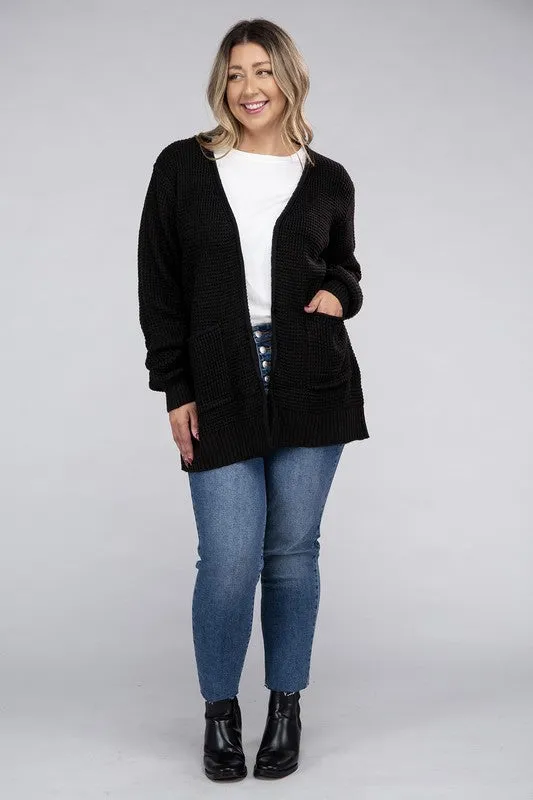 Plus Size Low Gauge Waffle Open Cardigan Sweater