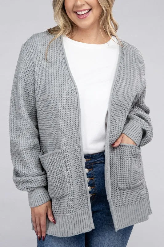 Plus Size Low Gauge Waffle Open Cardigan Sweater