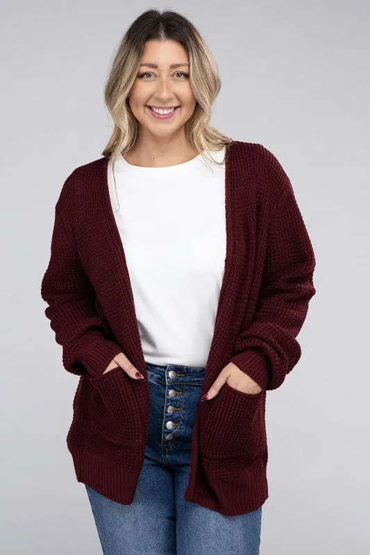 Plus Size Low Gauge Waffle Open Cardigan Sweater