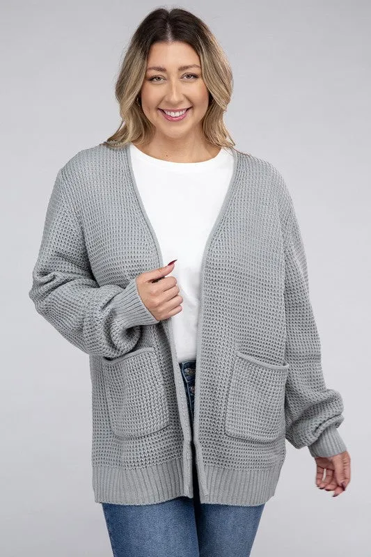 Plus Size Low Gauge Waffle Open Cardigan Sweater