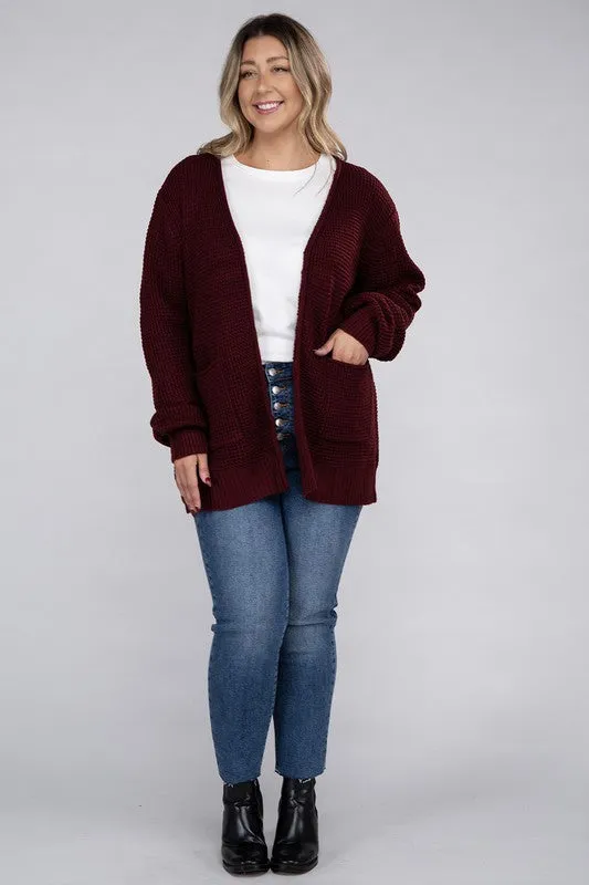 Plus Size Low Gauge Waffle Open Cardigan Sweater