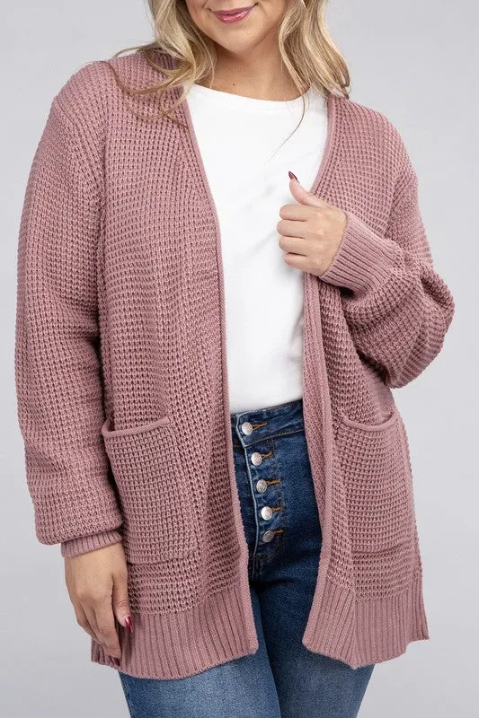 Plus Size Low Gauge Waffle Open Cardigan Sweater