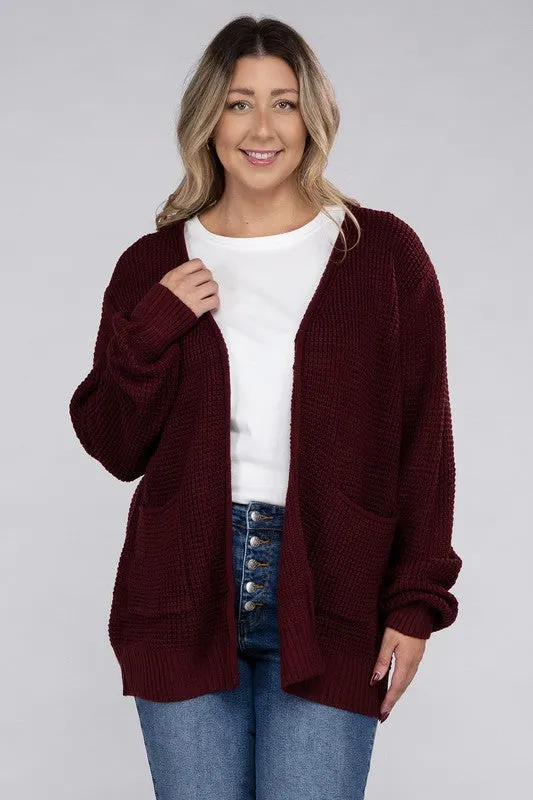 Plus Size Low Gauge Waffle Open Cardigan Sweater