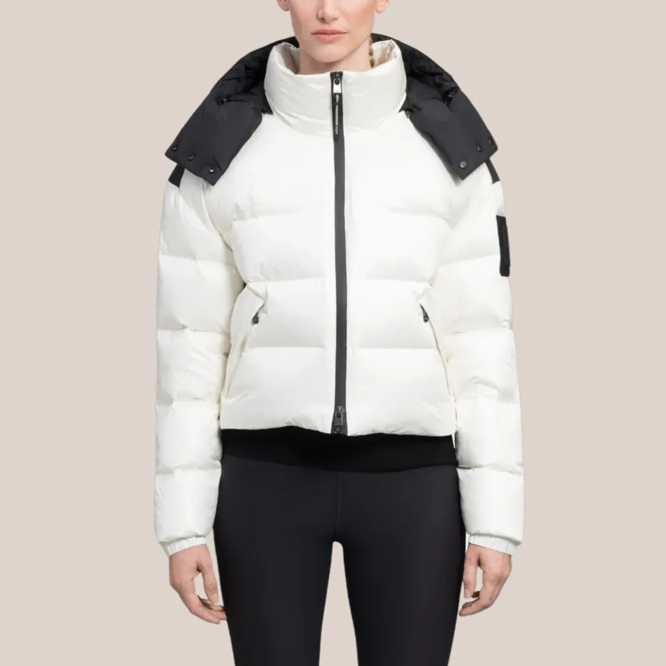 Quilted Short Puffer Jacket Removable Hood - Chalk/Black