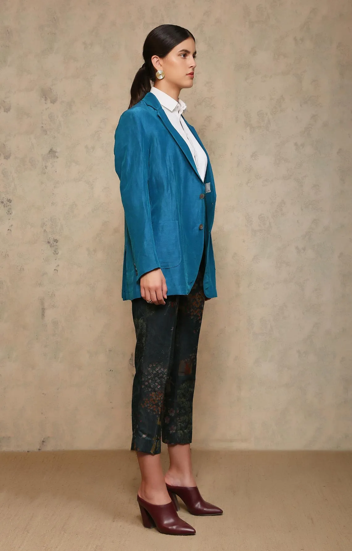 Rana Blazer Satin Silk Linen Turquoise