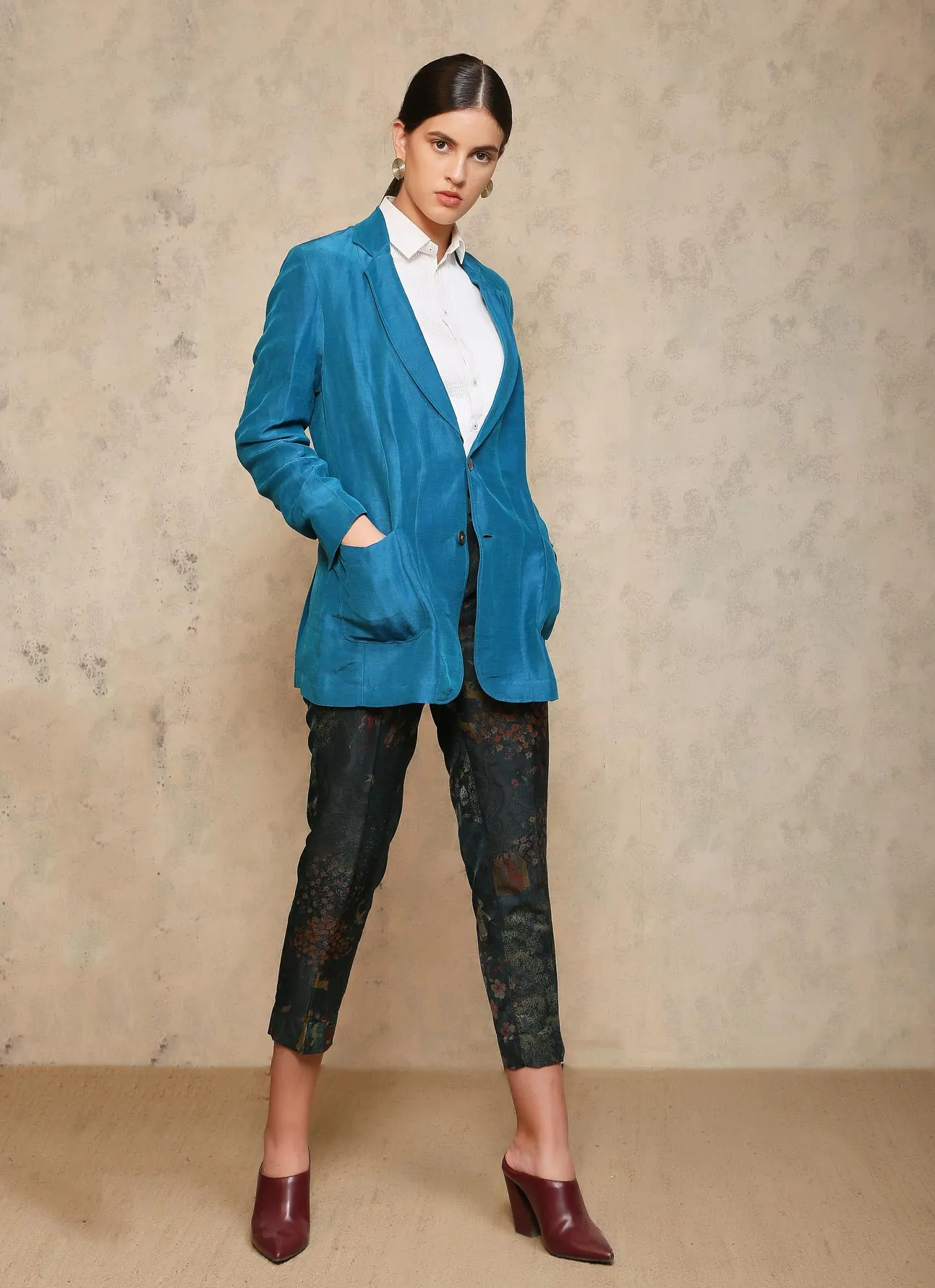 Rana Blazer Satin Silk Linen Turquoise