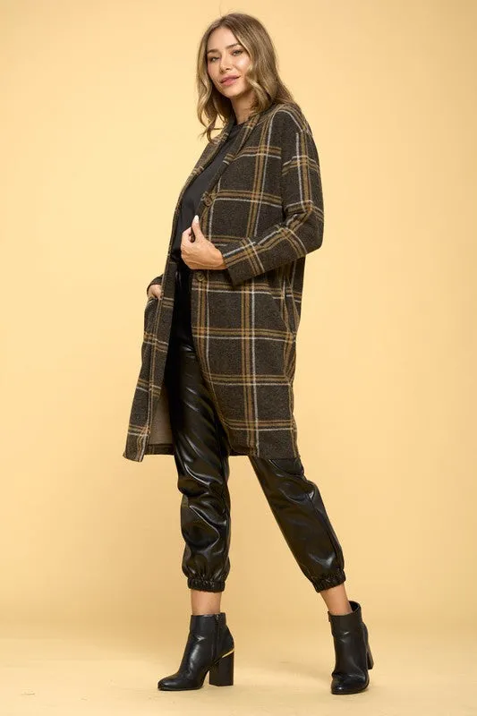 RENEE C. Plus-size Plaid Coat with Buttons and Pockets