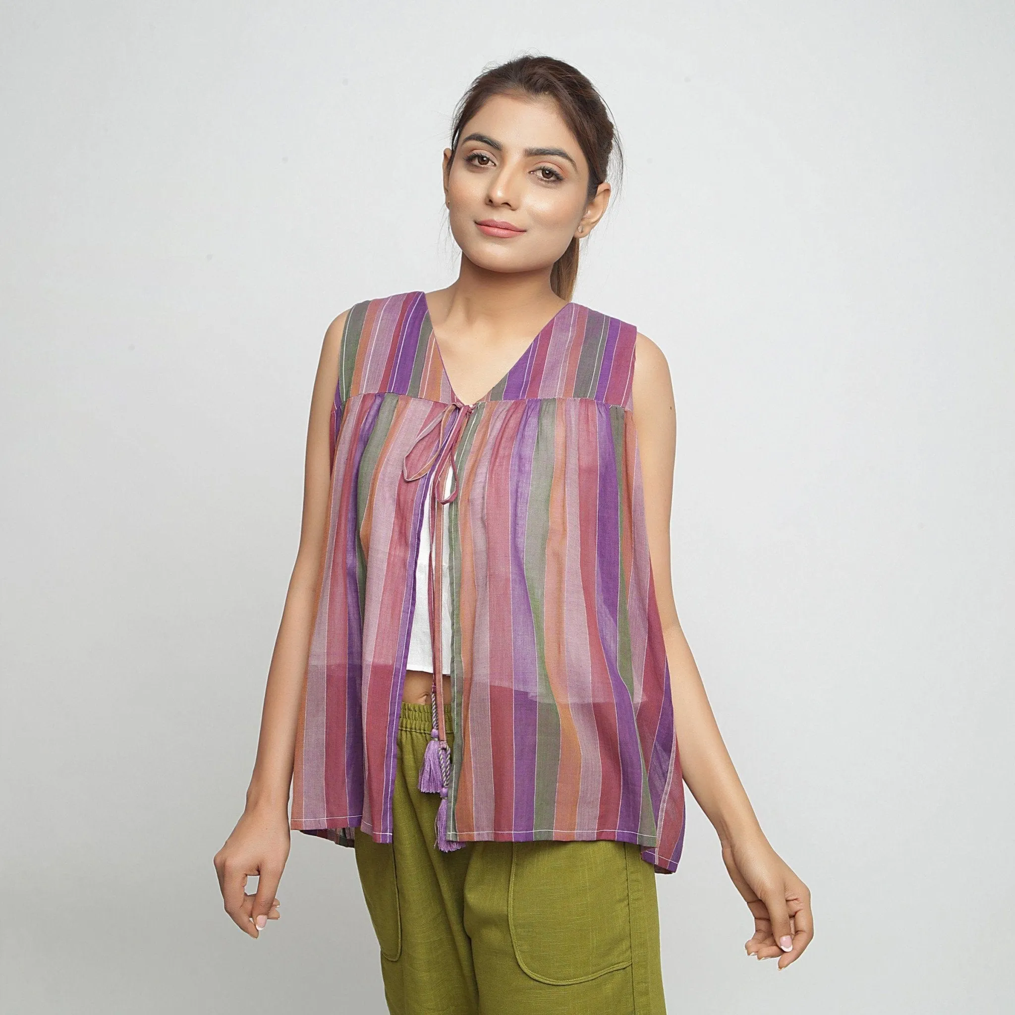 Reversible Multicolor Yarn Dyed Cotton Flared Shrug