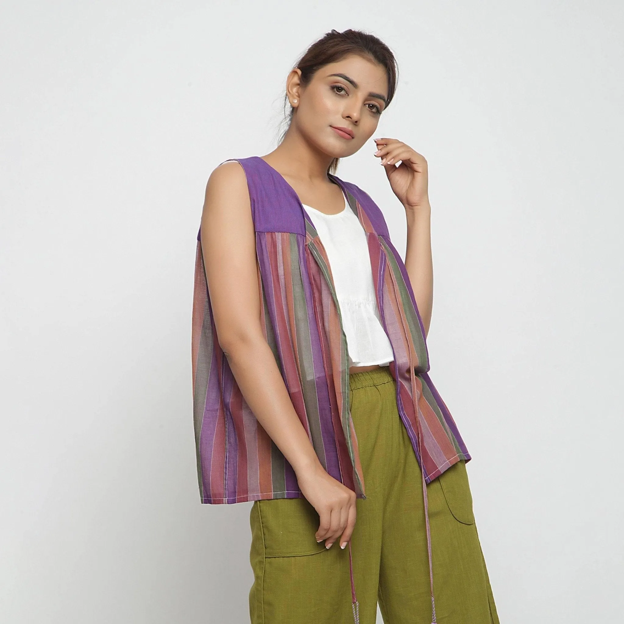 Reversible Multicolor Yarn Dyed Cotton Flared Shrug