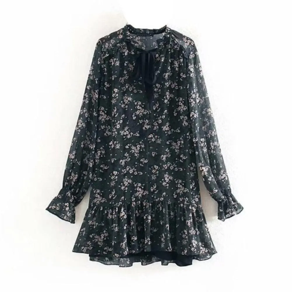 Ruffle Bow Tie Mini Floral Print Vintage Long Sleeve Loose Pleated Dress