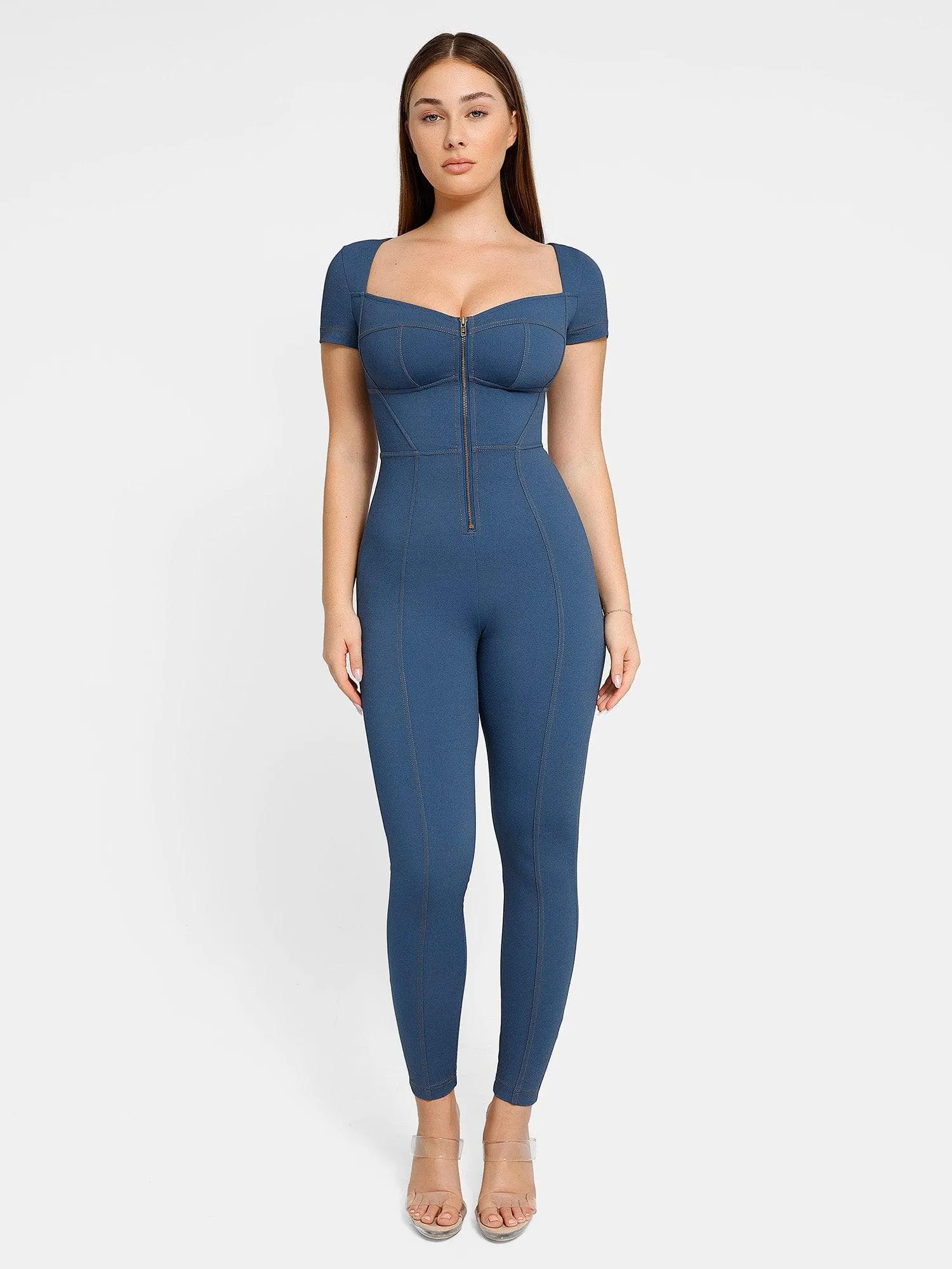 Shapewear Denim Short Sleeve Zip Front Butt Lift Jumpsuit