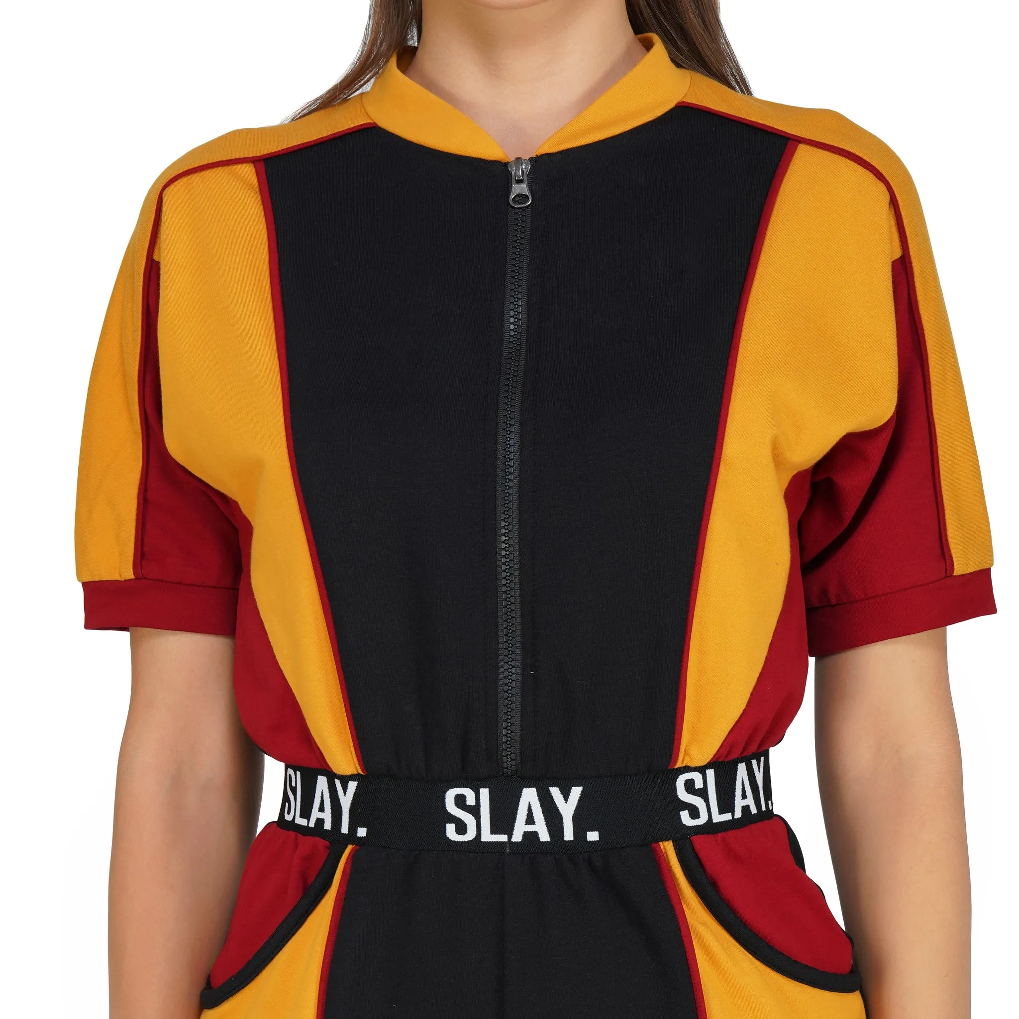 SLAY. Women's Colorblock Romper Black Red Yellow