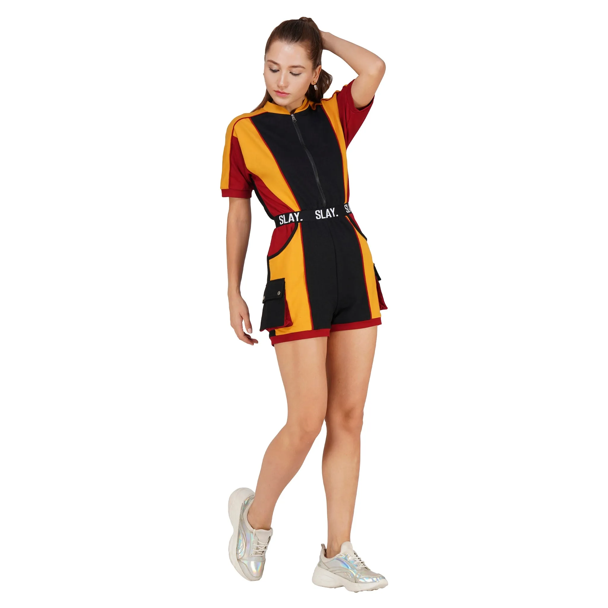 SLAY. Women's Colorblock Romper Black Red Yellow