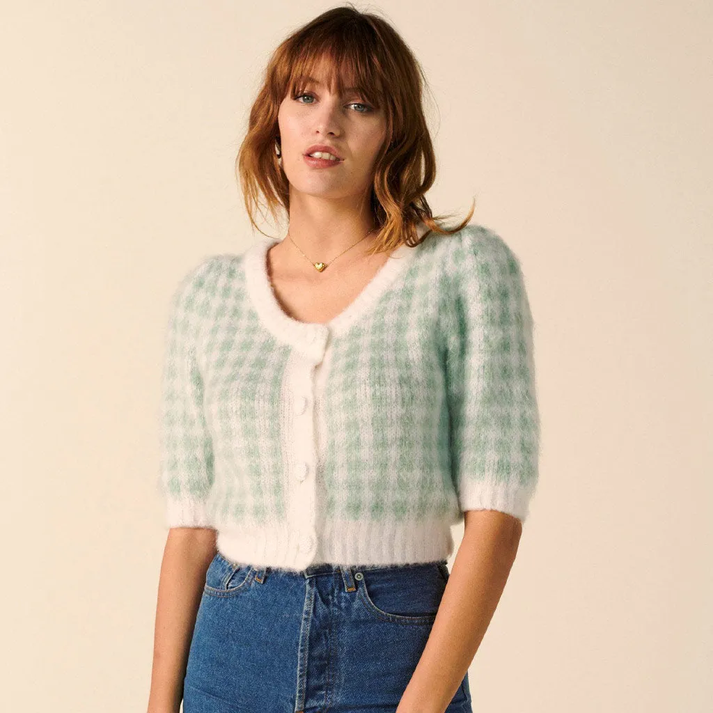 Sweet Plaid Print Puff Sleeve Cropped Sweater Cardigan - Green