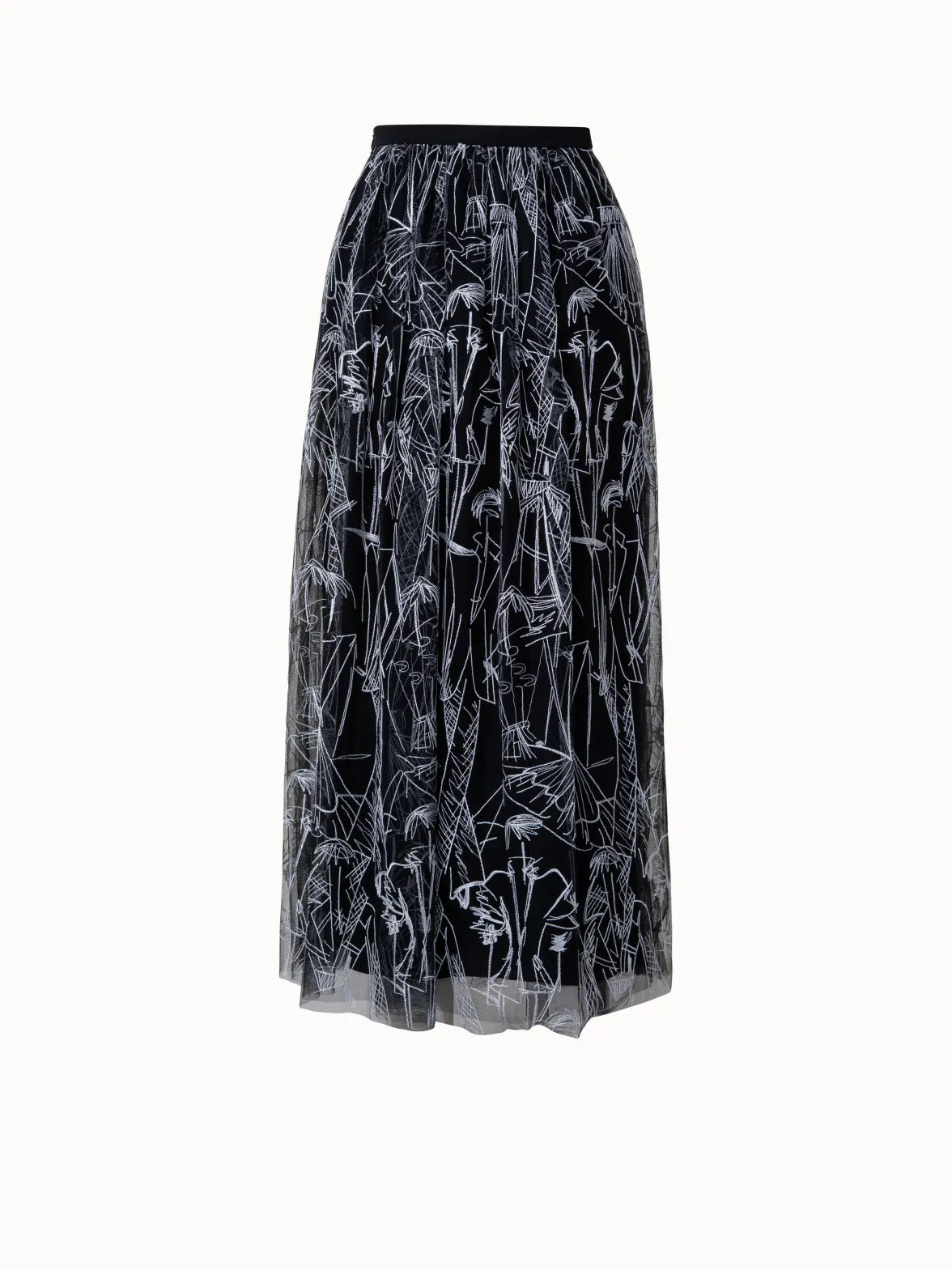 Techno Tulle Long Skirt with Croquis Embroidery