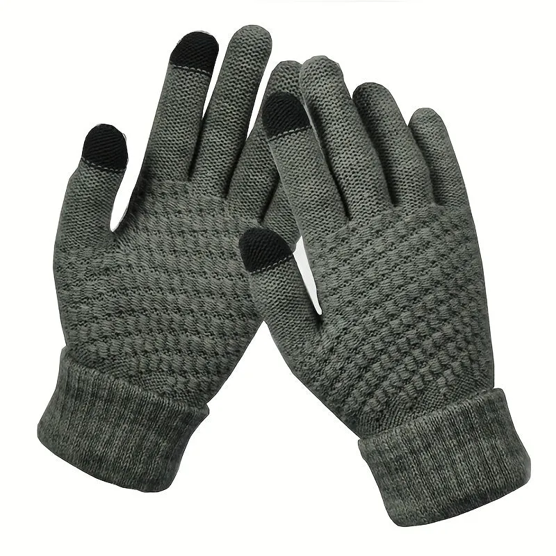 Unisex Warm Knit Touch Screen Gloves - Stretchable Full Finger, Wool-Feel Winter Mittens for Men & Women