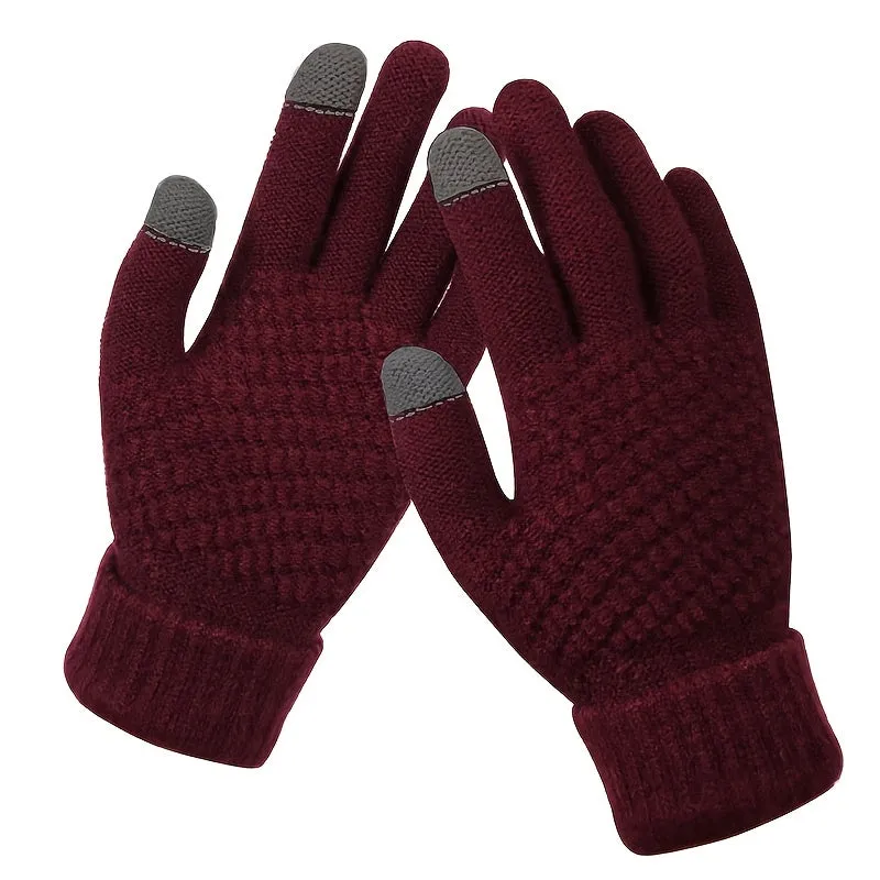 Unisex Warm Knit Touch Screen Gloves - Stretchable Full Finger, Wool-Feel Winter Mittens for Men & Women