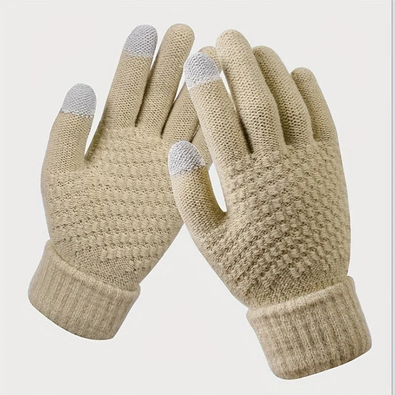 Unisex Warm Knit Touch Screen Gloves - Stretchable Full Finger, Wool-Feel Winter Mittens for Men & Women