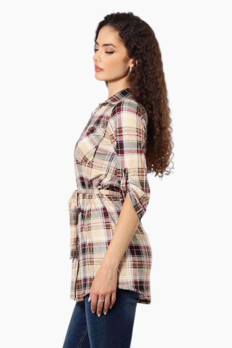 Urbanology Belted Plaid Button Down Shirt - Beige