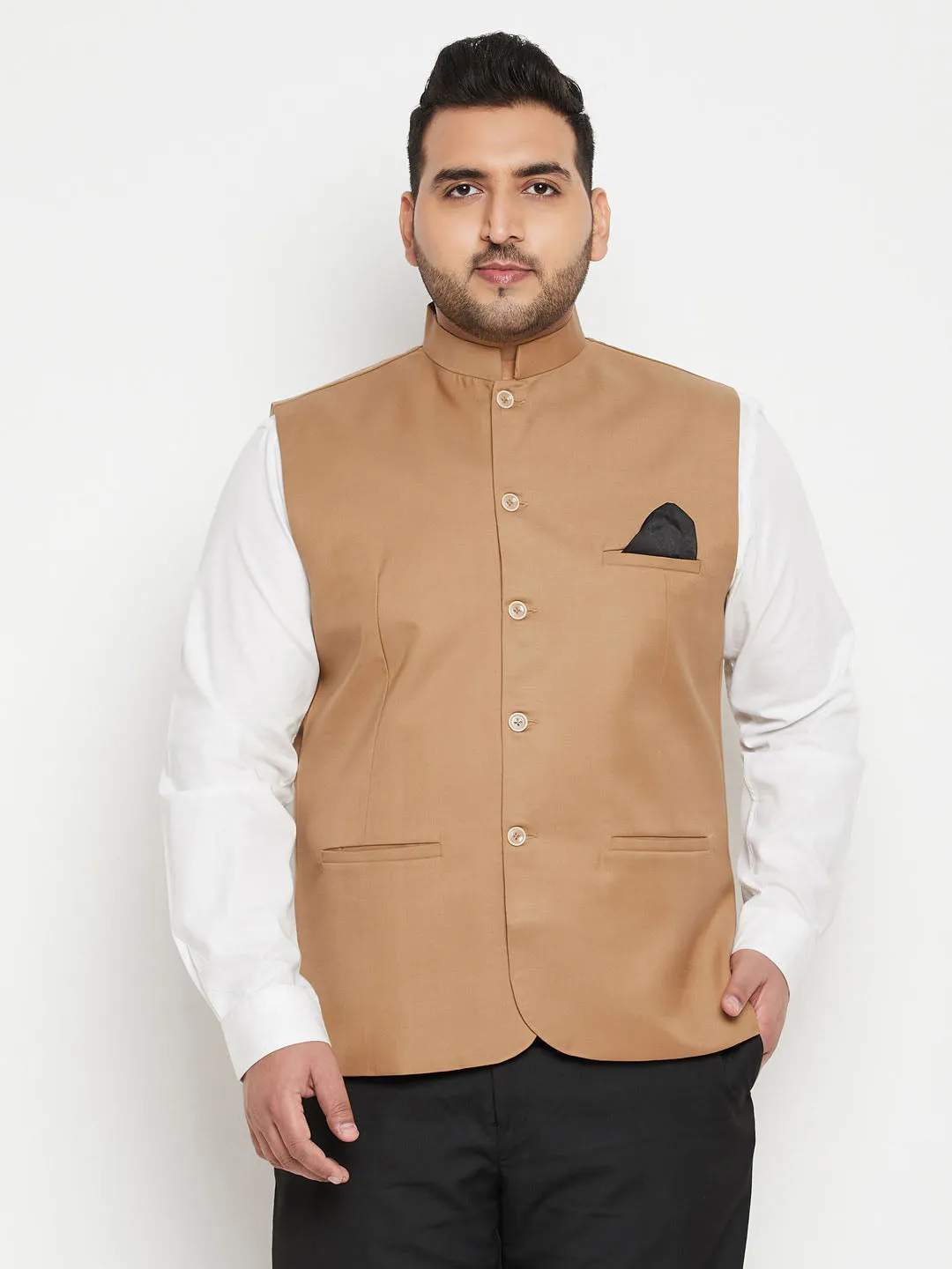 VASTRAMAY Chiku Brown Cotton Blend Nehru Jacket