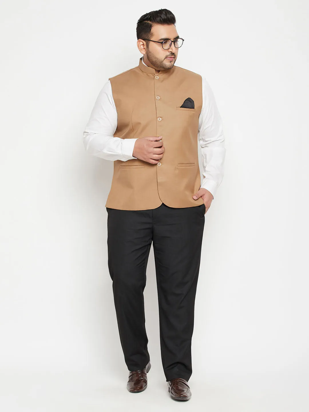 VASTRAMAY Chiku Brown Cotton Blend Nehru Jacket