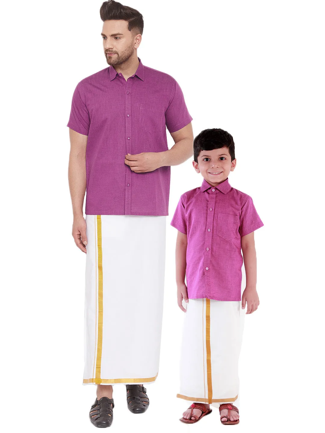 VASTRAMAY Men's & Boys Pink Solid Cotton Blend Half Sleeve Ethnic Shirt And Mundu Set