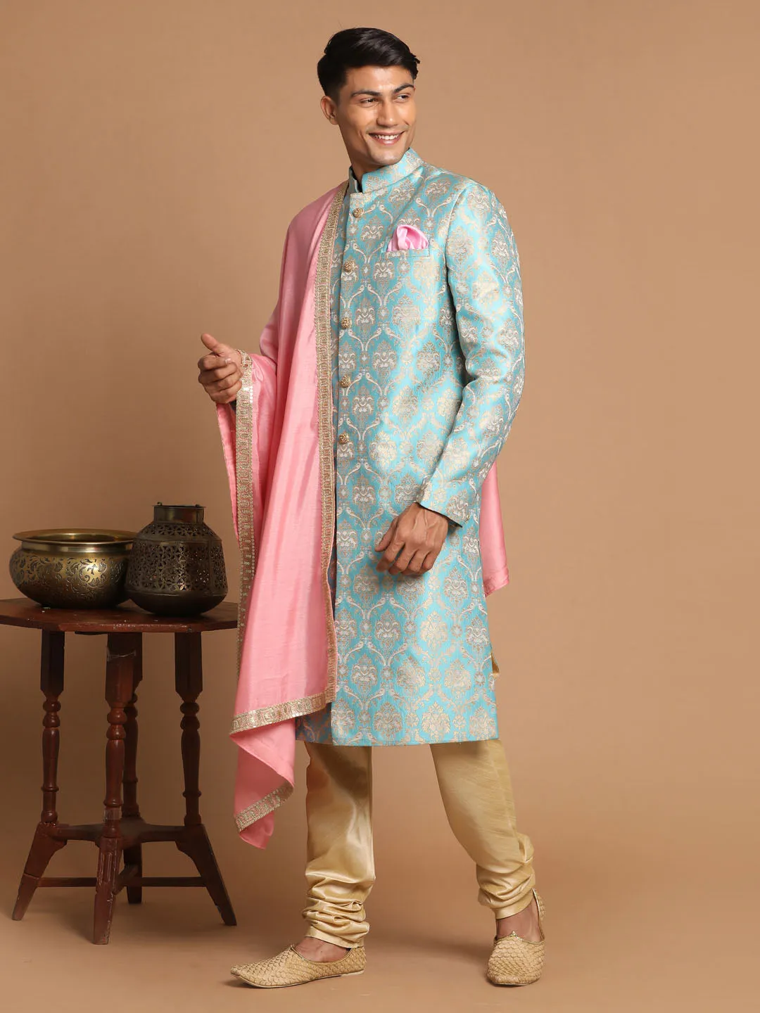 Vastramay Sea Green Brocade Sherwani Set