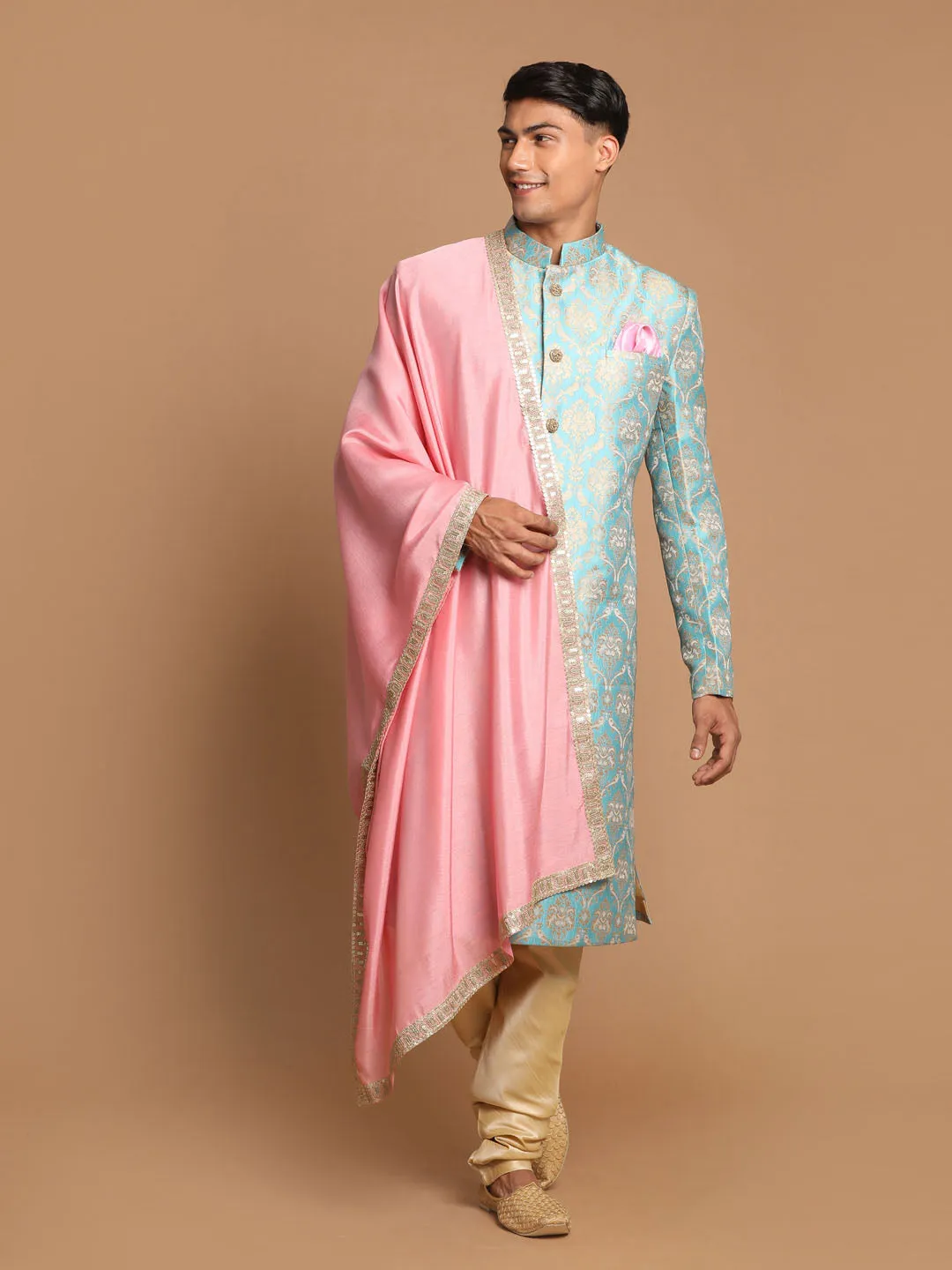 Vastramay Sea Green Brocade Sherwani Set