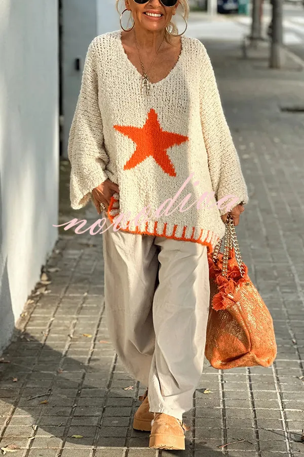 Warm Winter Day Texture Knit Star Pattern Contrast Color Loose Sweater