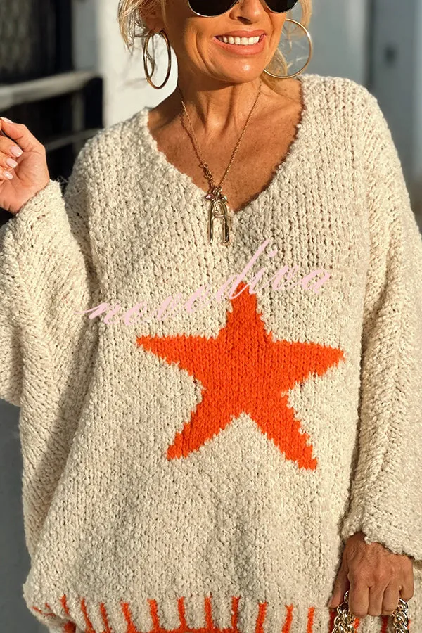 Warm Winter Day Texture Knit Star Pattern Contrast Color Loose Sweater