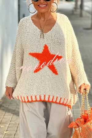 Warm Winter Day Texture Knit Star Pattern Contrast Color Loose Sweater