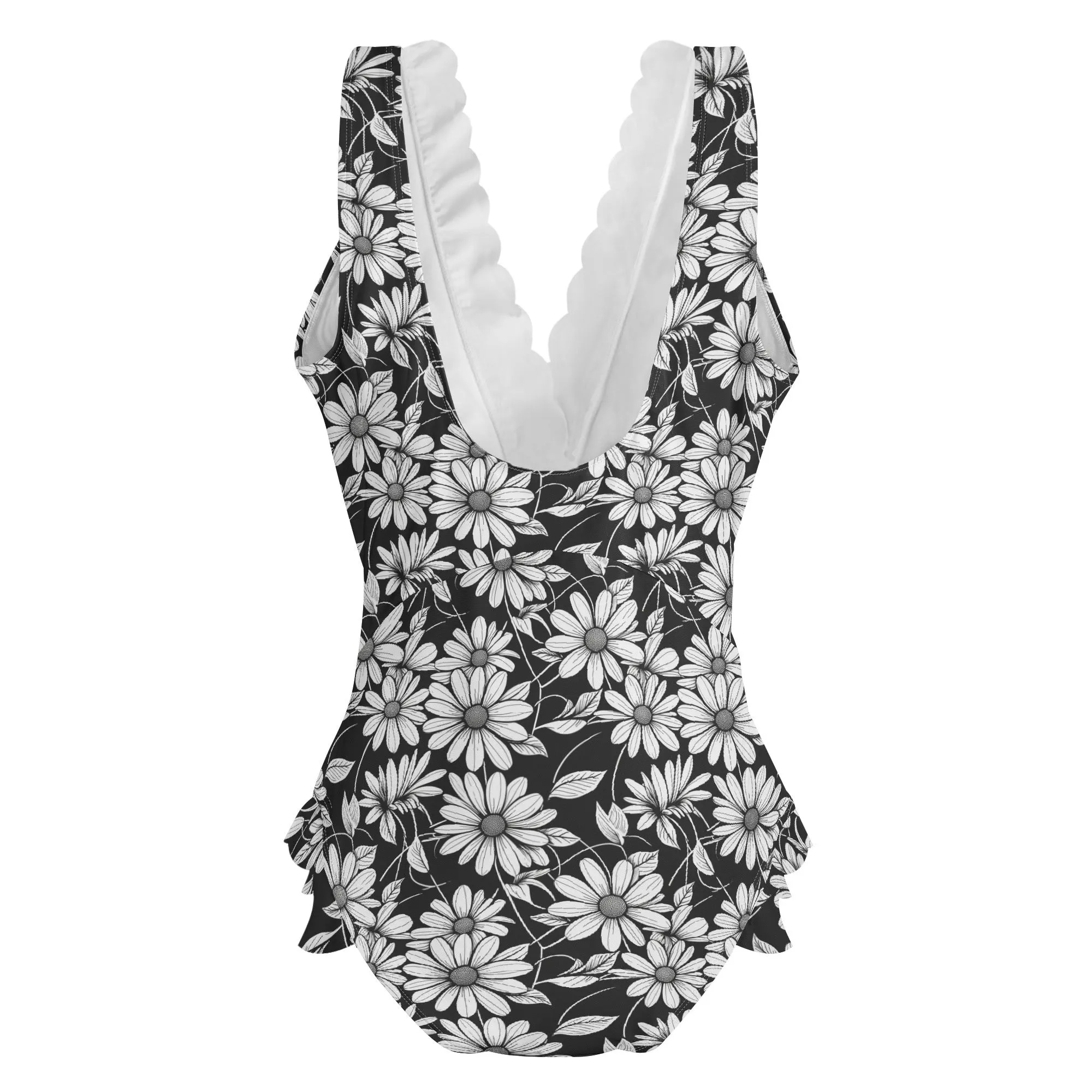 Womens Black and White Daisy Ruffle Edge Cross-Front One Piece Swimsuit Bathing Suit