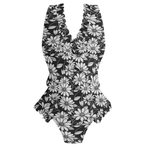 Womens Black and White Daisy Ruffle Edge Cross-Front One Piece Swimsuit Bathing Suit