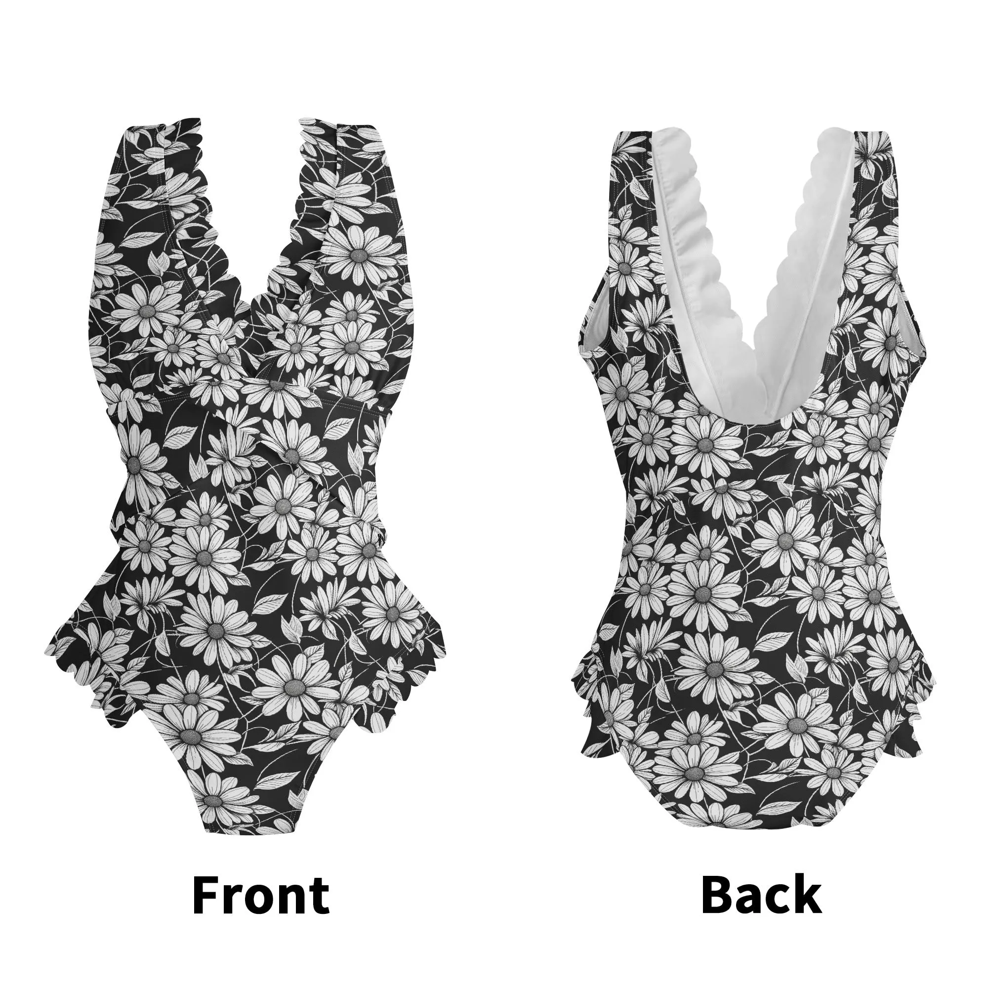 Womens Black and White Daisy Ruffle Edge Cross-Front One Piece Swimsuit Bathing Suit