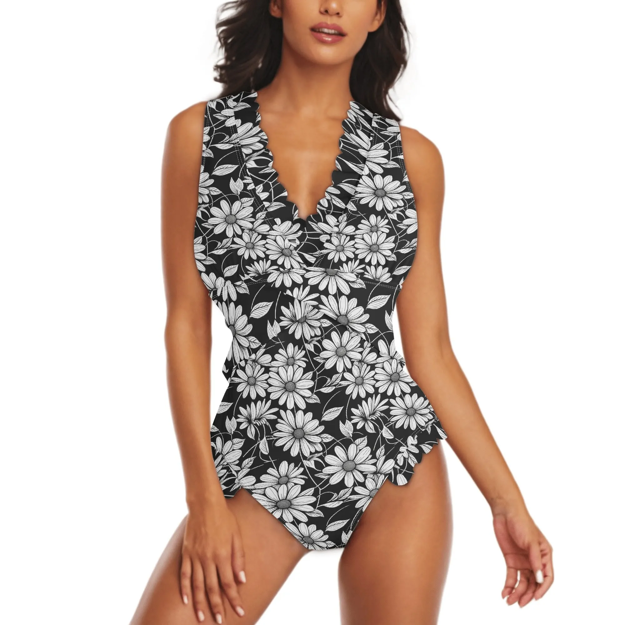 Womens Black and White Daisy Ruffle Edge Cross-Front One Piece Swimsuit Bathing Suit