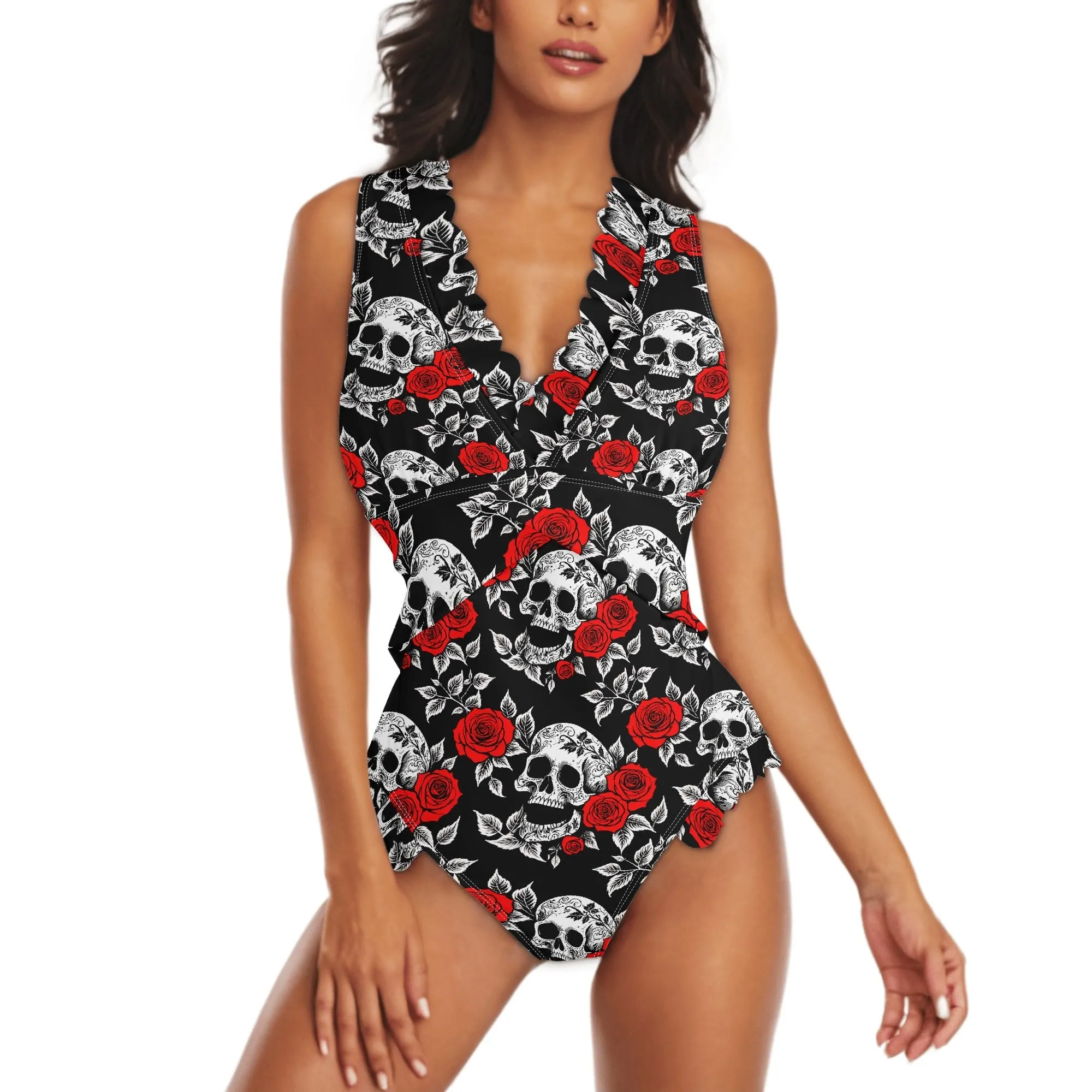 Womens Red Skull Rose Ruffle Edge Cross-Front One Piece Swimsuit Bathing Suit