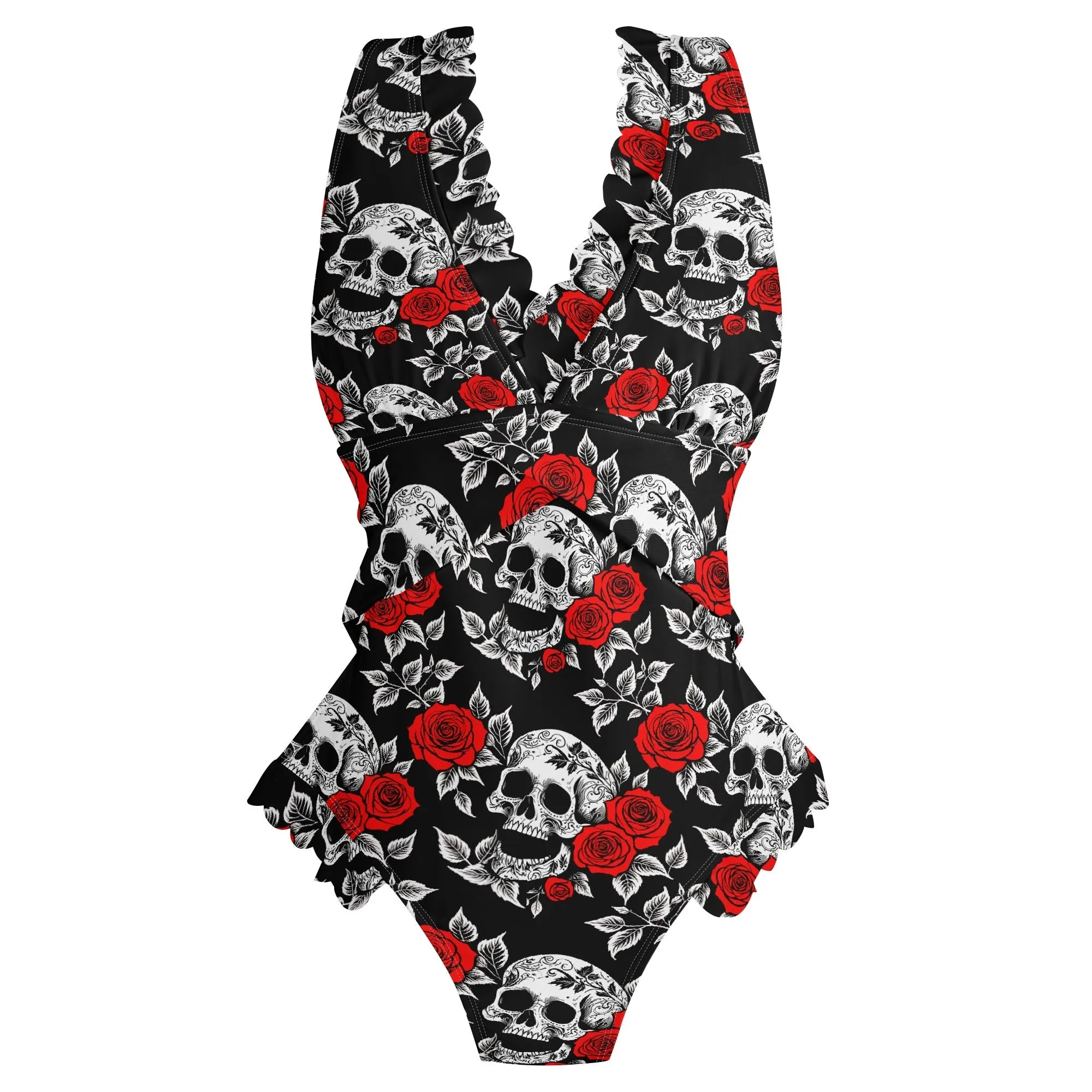 Womens Red Skull Rose Ruffle Edge Cross-Front One Piece Swimsuit Bathing Suit