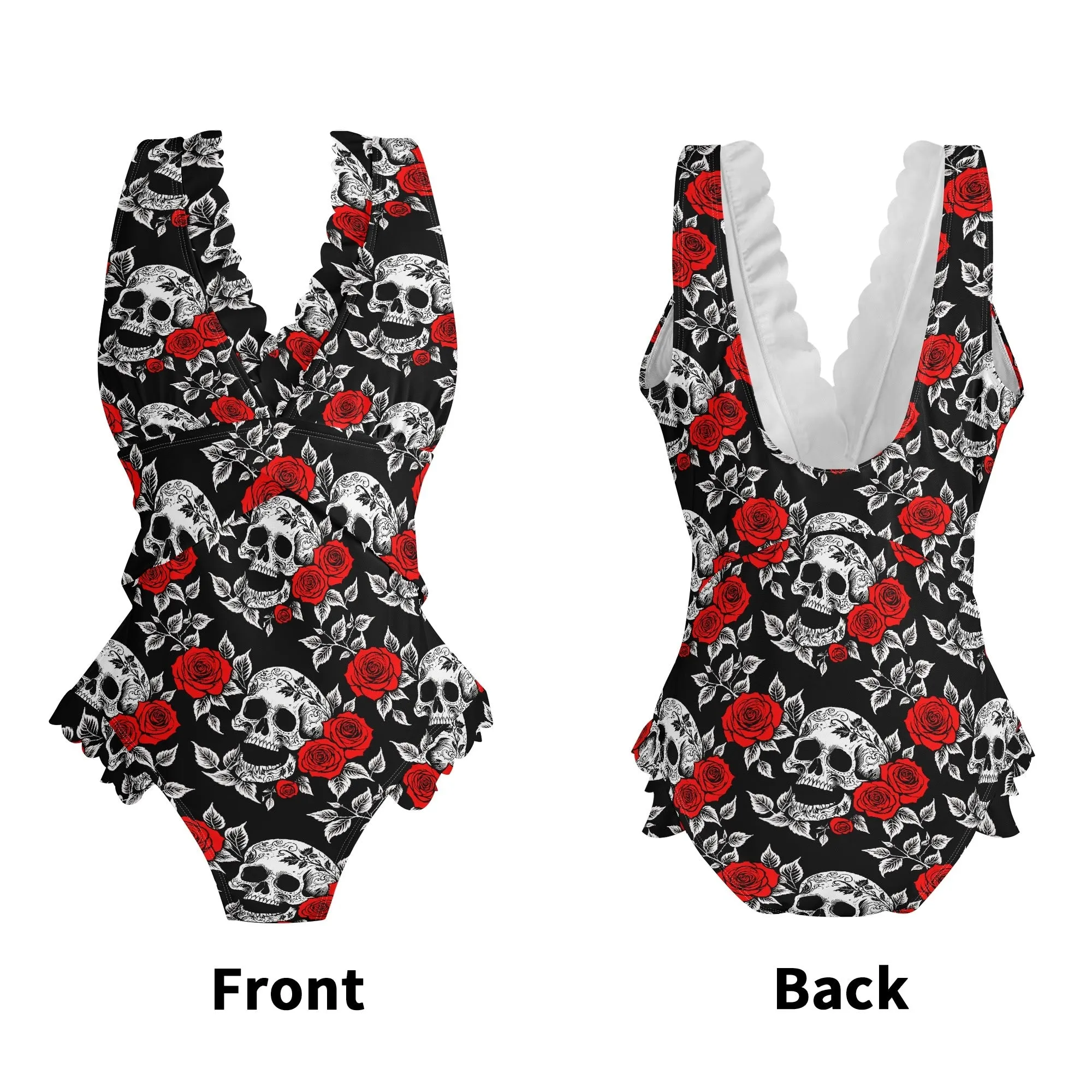 Womens Red Skull Rose Ruffle Edge Cross-Front One Piece Swimsuit Bathing Suit