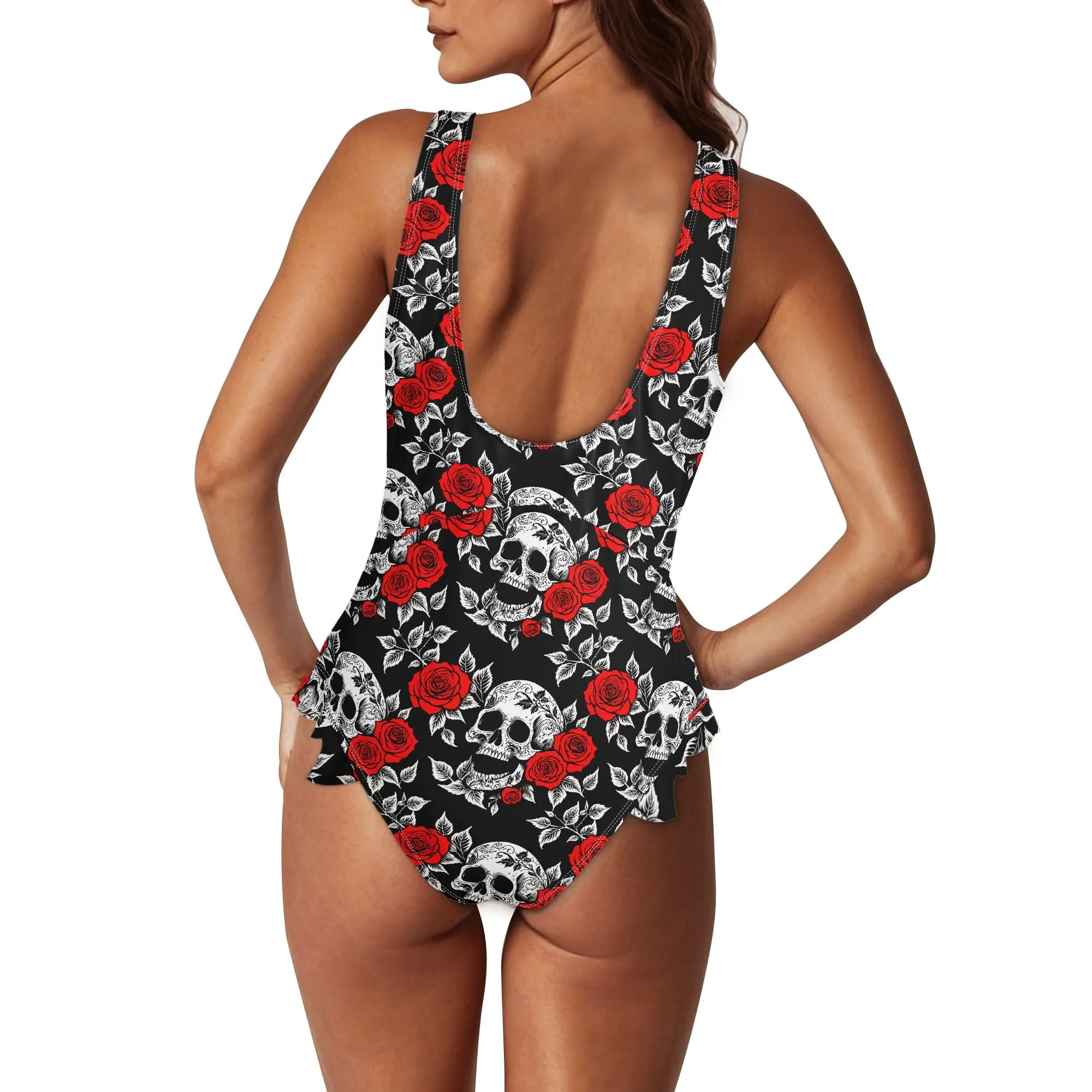 Womens Red Skull Rose Ruffle Edge Cross-Front One Piece Swimsuit Bathing Suit