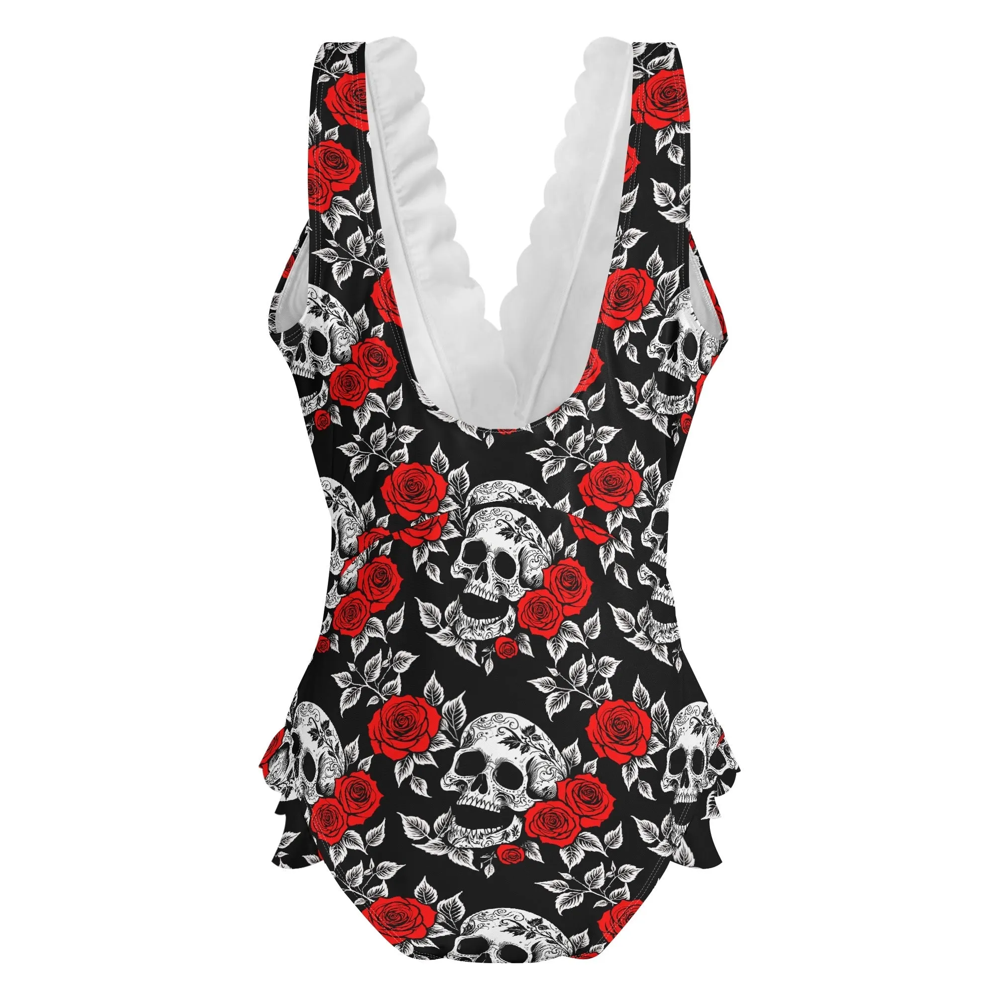 Womens Red Skull Rose Ruffle Edge Cross-Front One Piece Swimsuit Bathing Suit