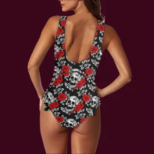 Womens Red Skull Rose Ruffle Edge Cross-Front One Piece Swimsuit Bathing Suit