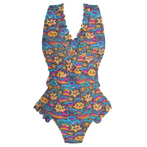 Womens Squishy Star Ruffle Edge Cross-Front One Piece Swimsuit Bathing Suit